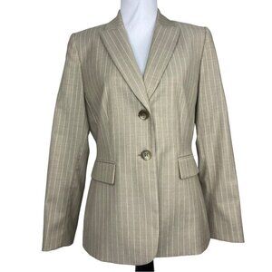 Tahari‎ ASL Women’s Tan White Striped Two Button Business Career Blazer 10/C39